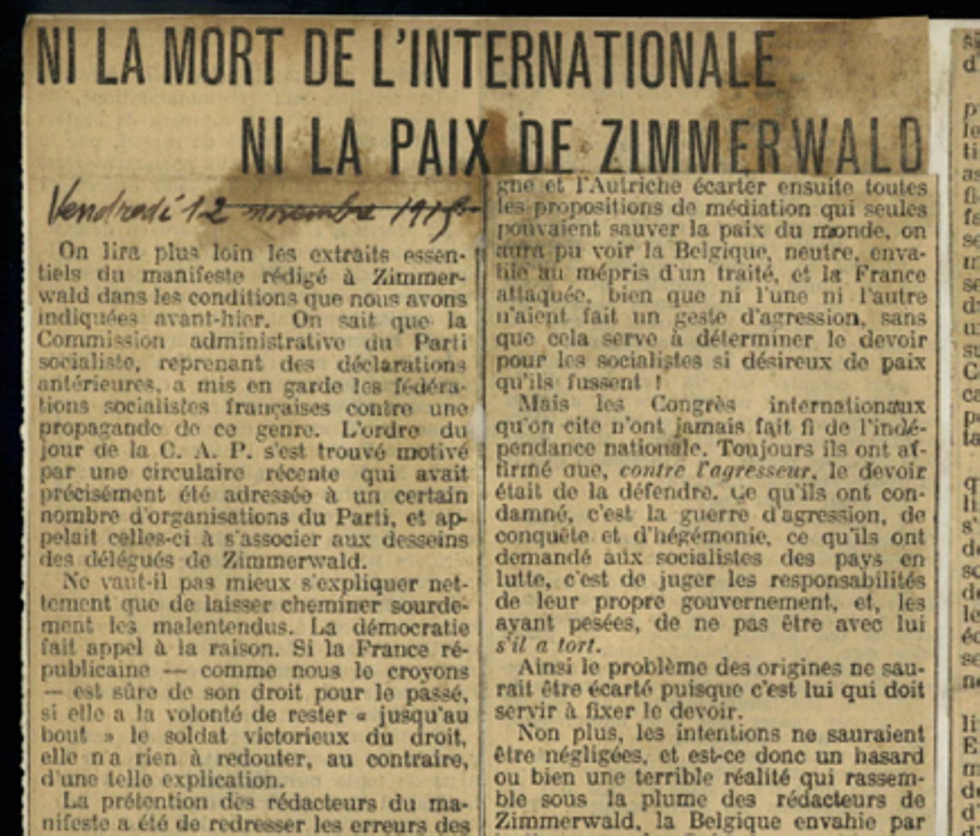 Les articles de Pierre Renaudel dans L'Humanité, de 1914 à 1918