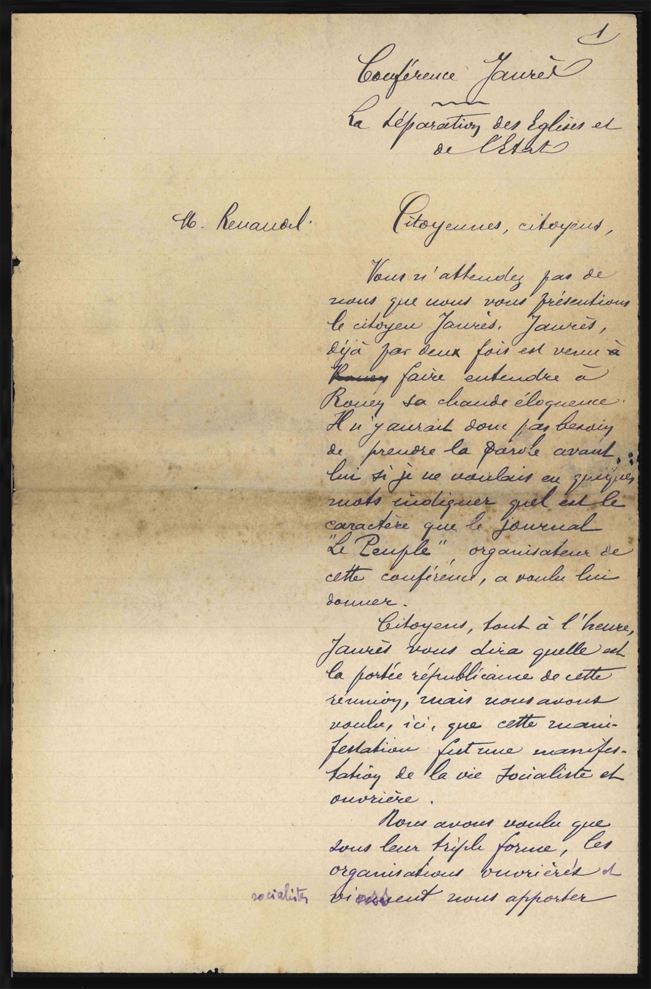 Retranscriptions des discours de Jean Jaurès et Pierre Renaudel sur la séparation des Églises et de l'État - 1904